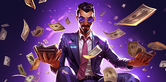Man in suit on pile of money