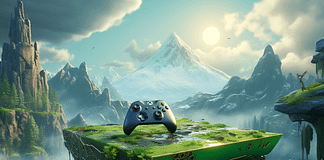Xbox controller in jungle landscape.