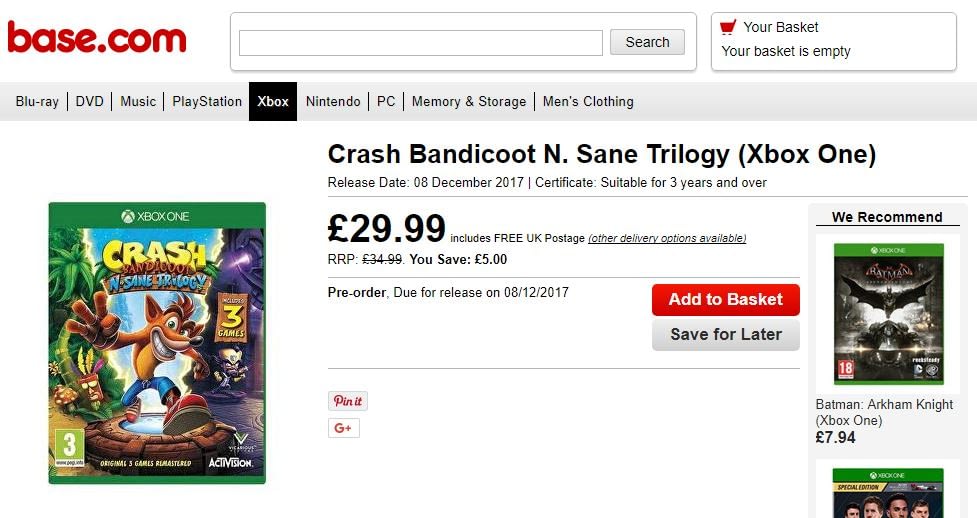 Another listing for Crash Bandicoot N. Sane Trilogy on Xbox One emerges, points to December release